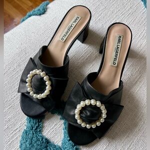 Karl Lagerfeld black leather block heel mules sandals with pearls